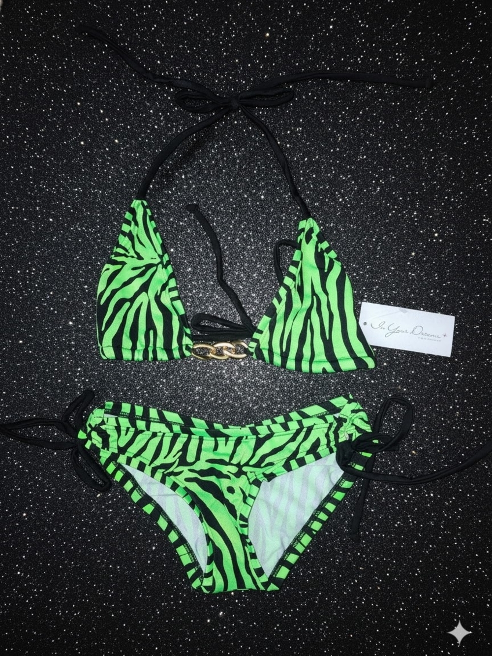 Neon Green Zebra Print Triangle Bikini with Gold Chain Accent